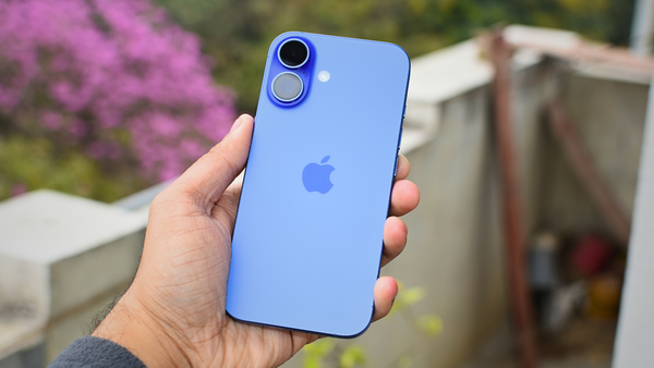 Picture of the iPhone 16 in Ultramarine color with some trees in the background.