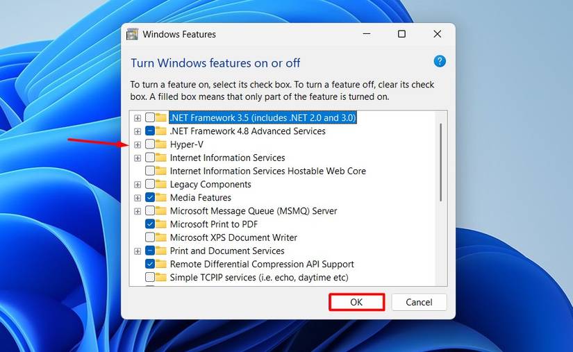 Running Android Apps on Windows: A Guide to Seamless Integration 3 Hyper-V option in Turn Windows features on or off window.