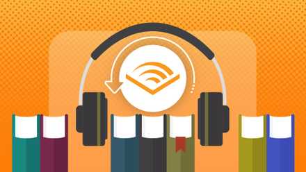いくつかの本、いくつかのヘッドフォン、および復帰を示す中央の Audible ロゴのイラスト。
