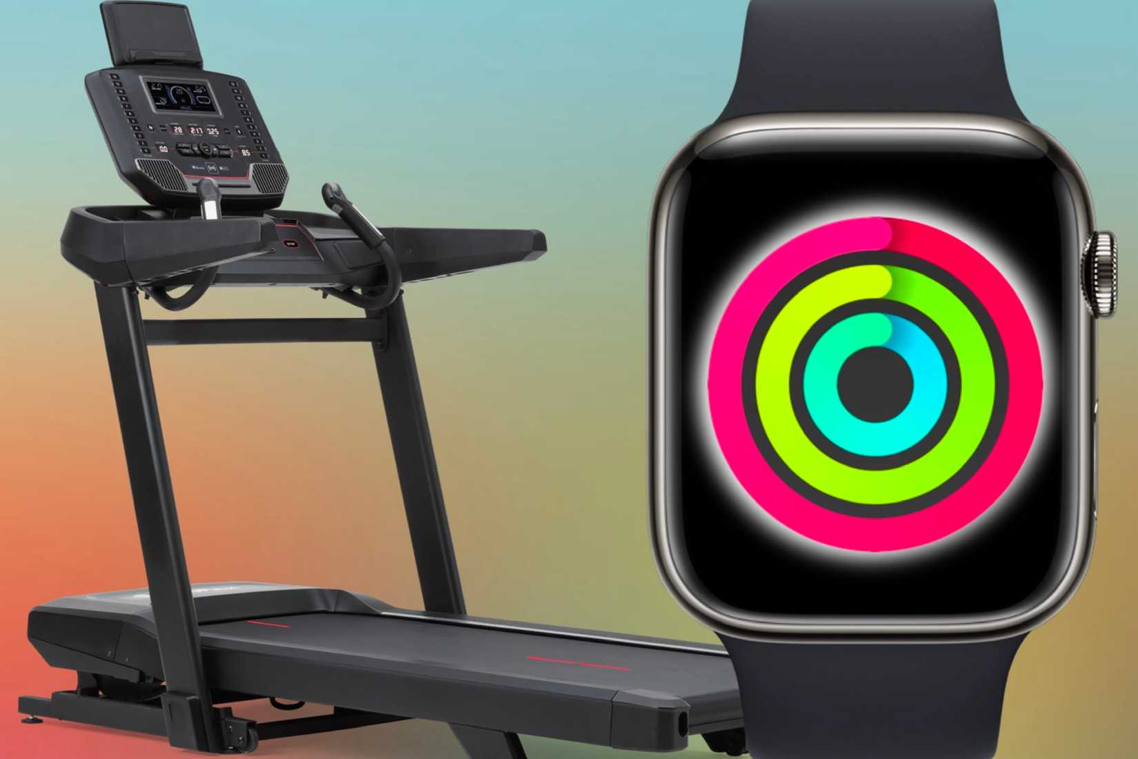 A treadmill next to an Apple Watch showcasing closed Activity Rings in front of a colorful background.