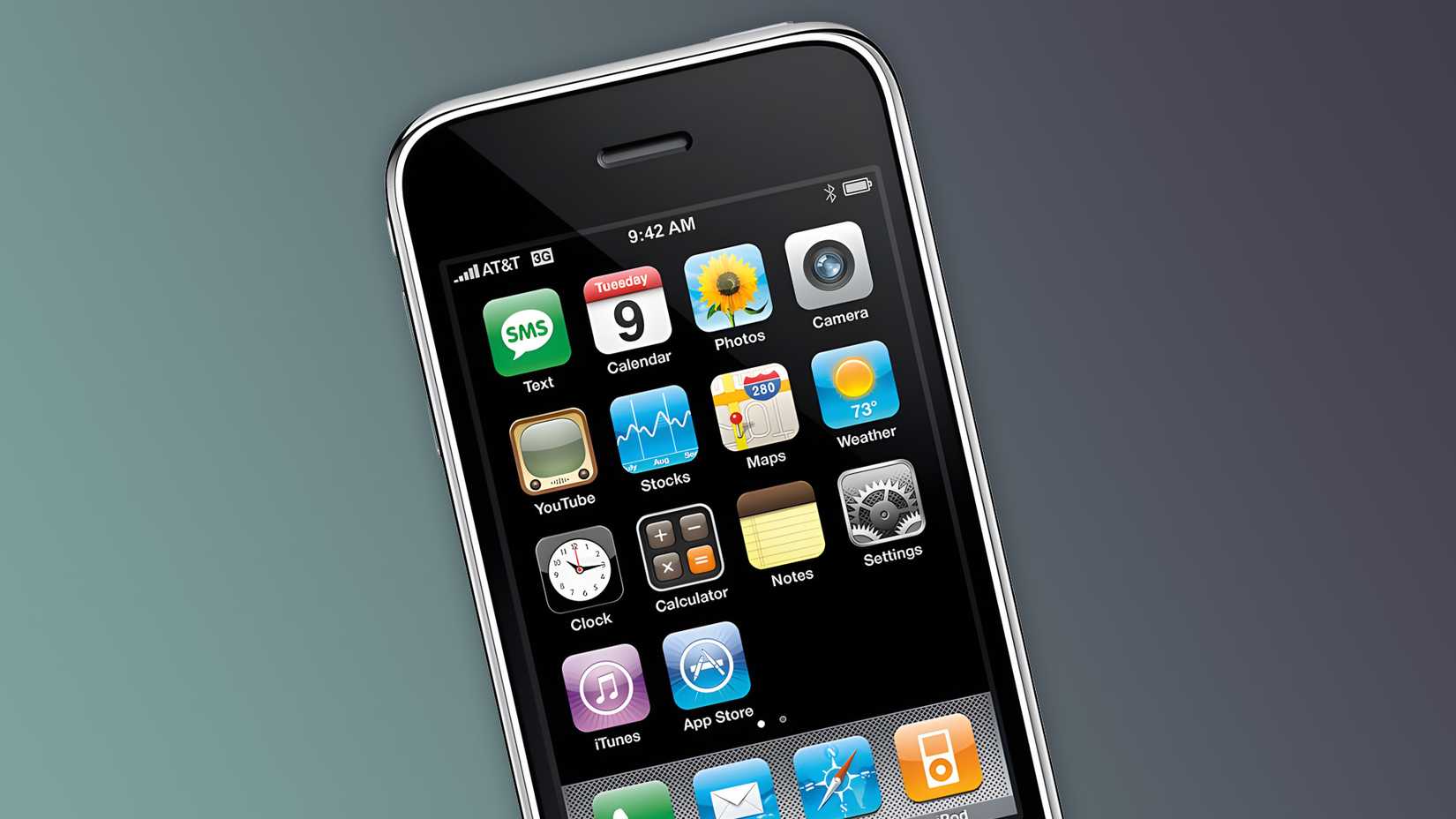 Image of the original iPhone with the home screen open.
