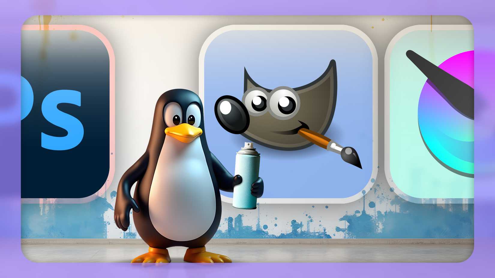 Linux mascot holding a spray can, the Photoshop logo on the left, and the GIMP logo on the right.