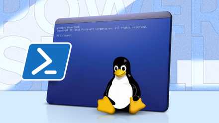 The Linux mascot next to the PowerShell logo with PowerShell open in the background.