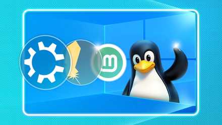 2 newbie Linux distros that do not pressure you to make use of the terminal Linux mascot waving inside the Windows 10 logo with the logos of some Linux distributions in front.