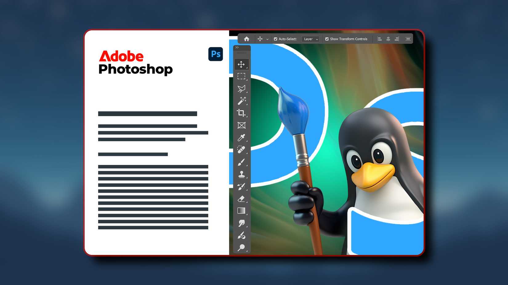 Tela inicial do Photoshop com o mascote do Linux segurando um pincel.