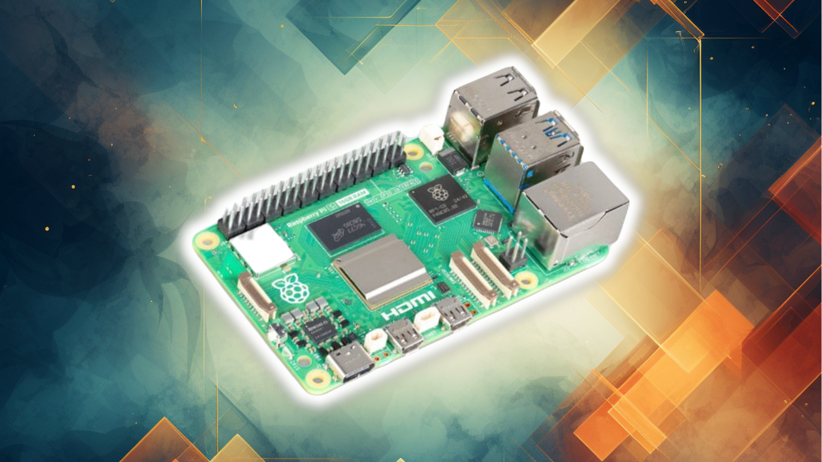 Raspberry Pi 5 on a blue and orange hexagon background.