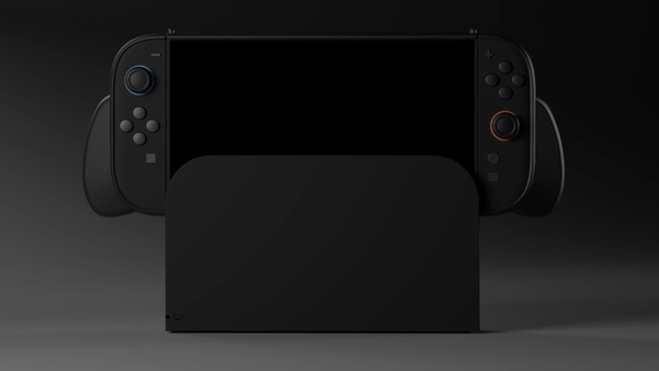 The Switch 2 and Switch 2 dock mockup by Genki with the Switch above the dock.