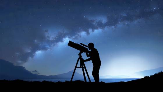 Silhouette of a person stargazing using a telescope.