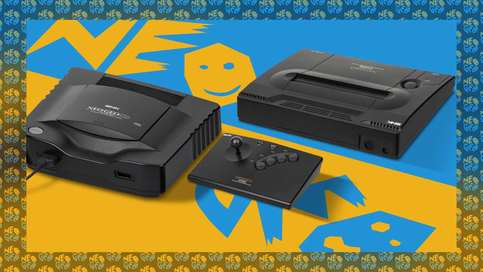 Some Neo Geo consoles with the logo in the background.