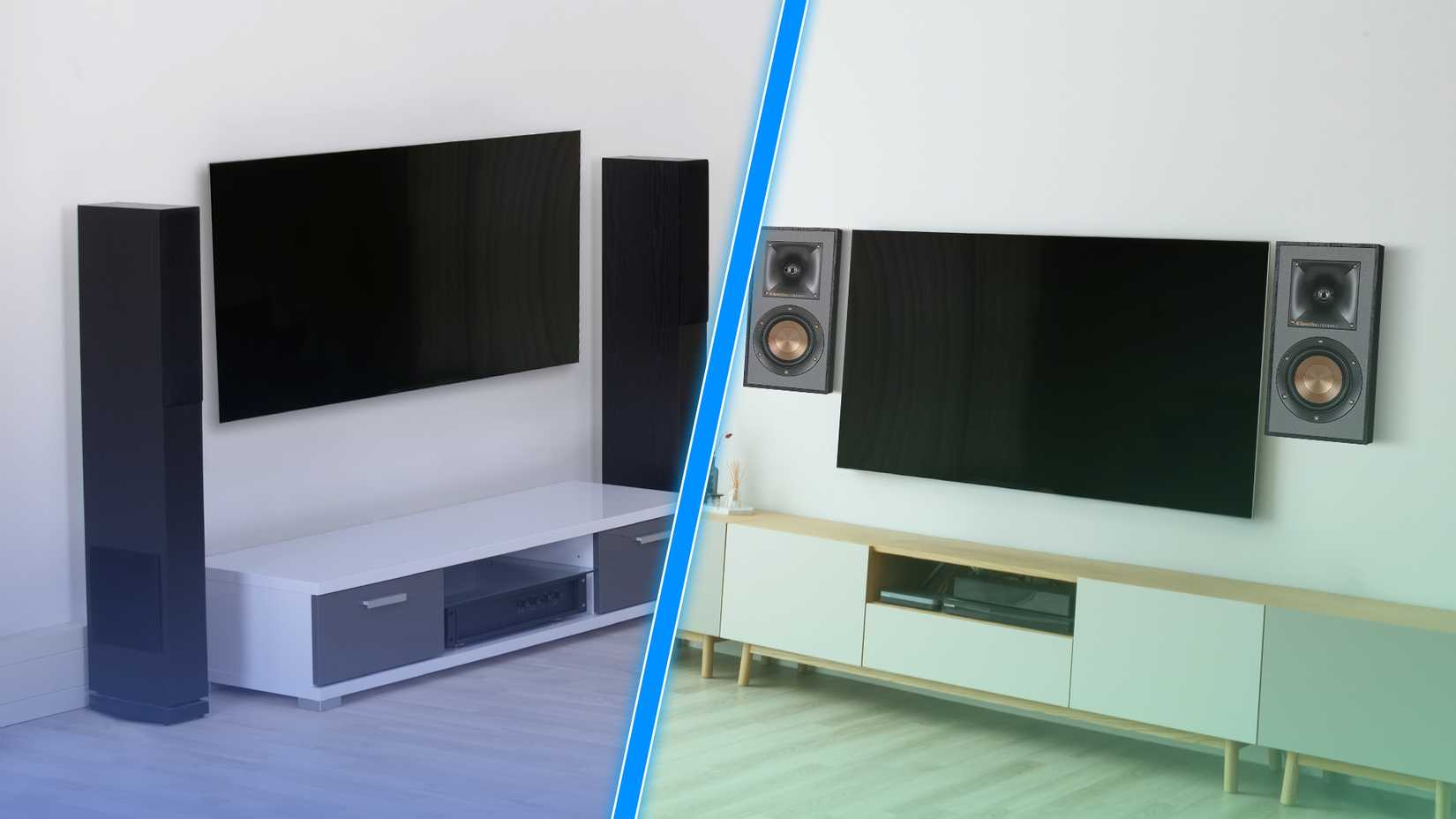 Split screen with a TV using a wall speaker on the left and a TV with wall speakers on the right.