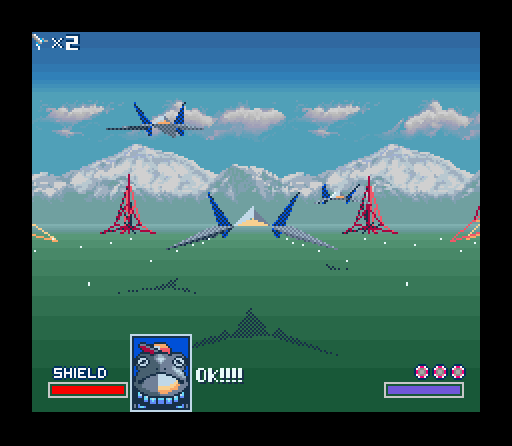 The beginning of the first Starfox mission. In this screenshot two of your colleagues are flying ahead of you.