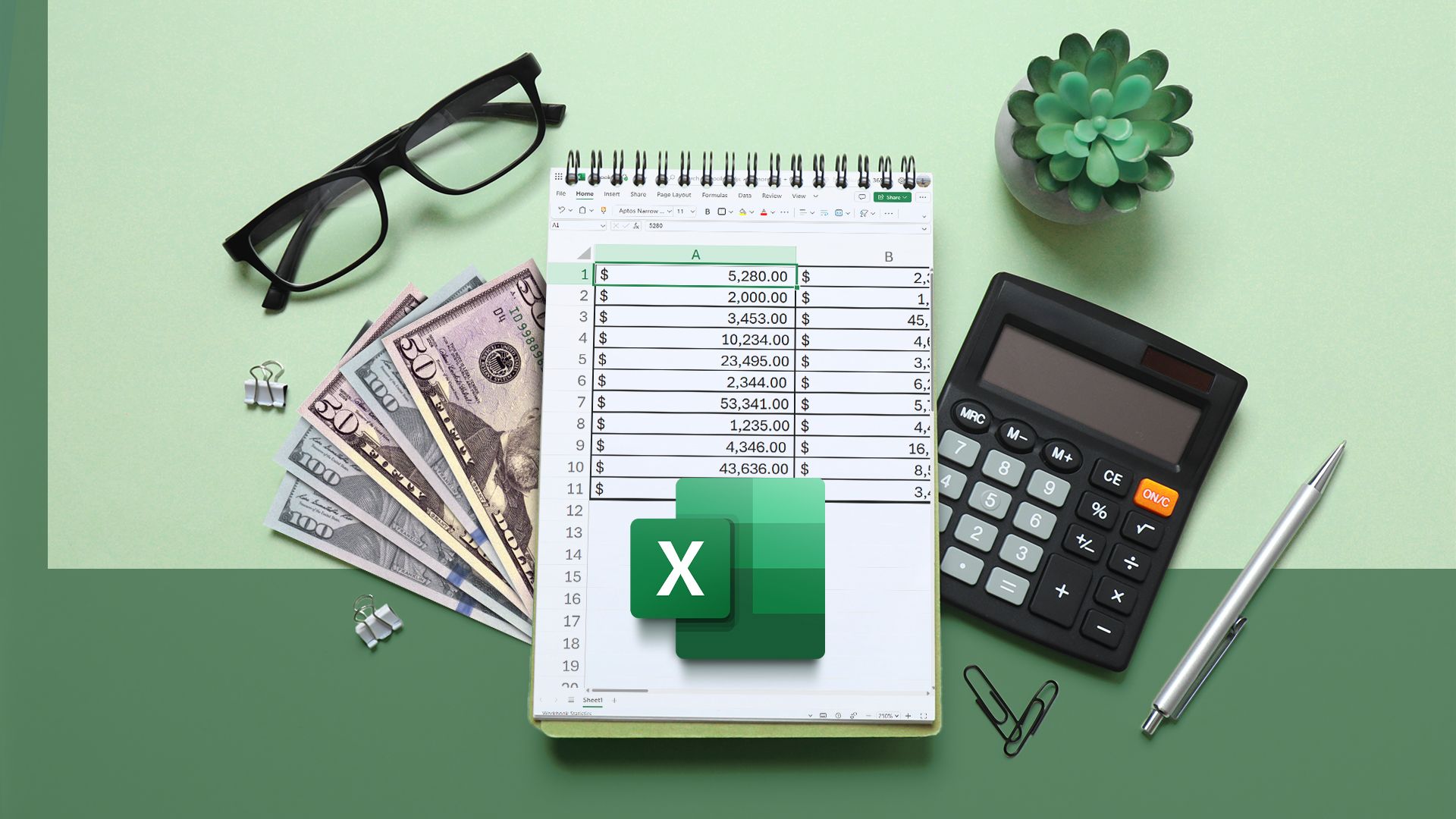 Top view of a notepad with an Excel spreadsheet, calculator, dollar bills and glasses next to it, with the Excel logo in the center.