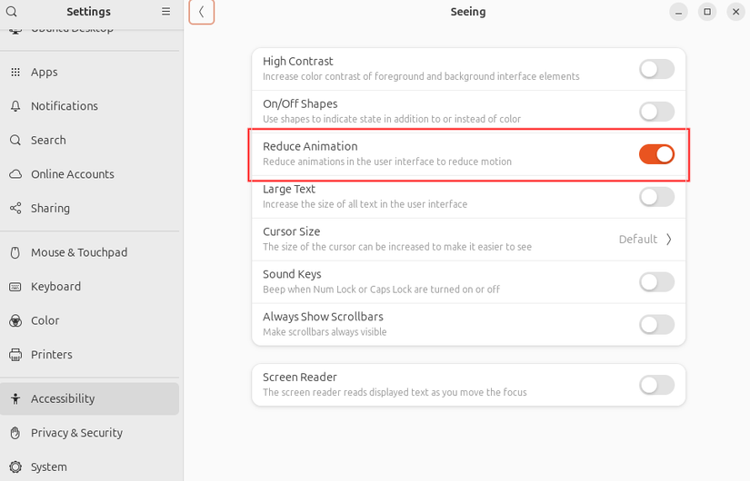 Ubuntu accessibility setting in system settings