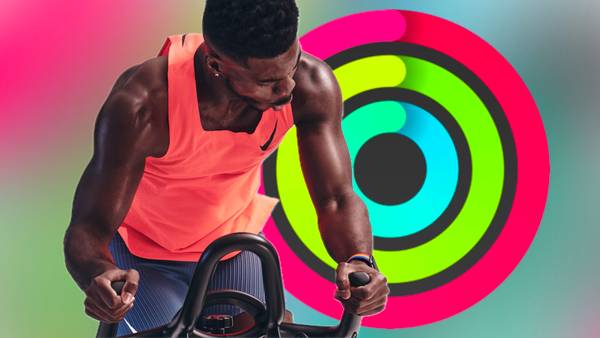 An Apple Fitness+ trainer working out in front of a picture of closed Activity Rings in front of a colorful background.