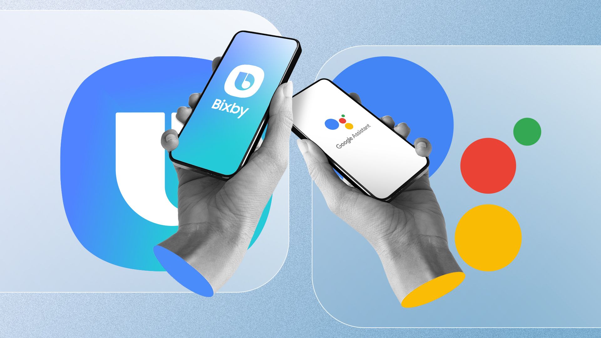 A hand holding a phone with the Bixby logo on the left and the Google Assistant logo on the right.