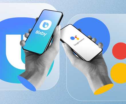 A hand holding a phone with bixby logo on the left and with google assistant logo on the right.
