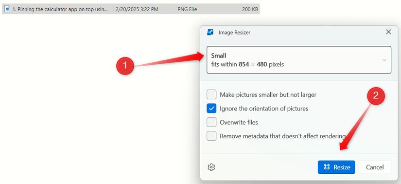 Resizing an image using Image Resizer in Windows.