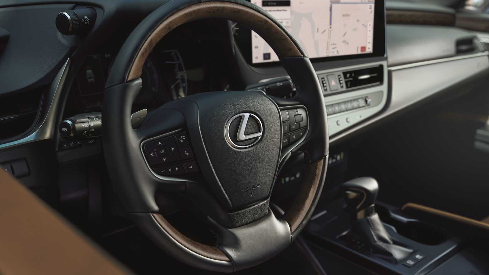 Close up of the steering wheel in a 2025 Lexus ES