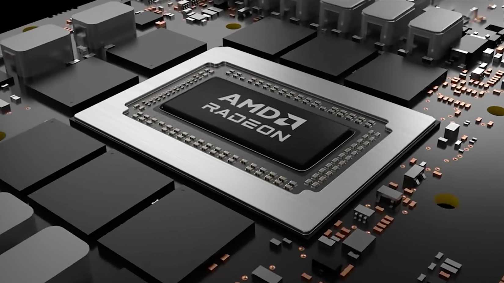 Ilustração de um chip AMD Radeon em uma placa.