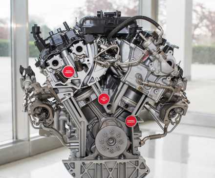 Close up of 3.5-liter EcoBoost Ford engine.