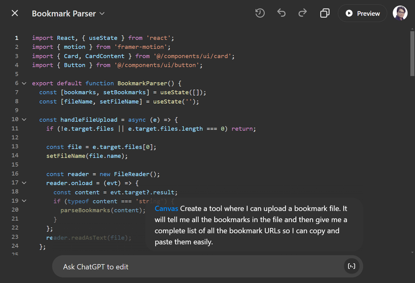 ChatGPT Canvas with custom code for a bookmark parsing tool.