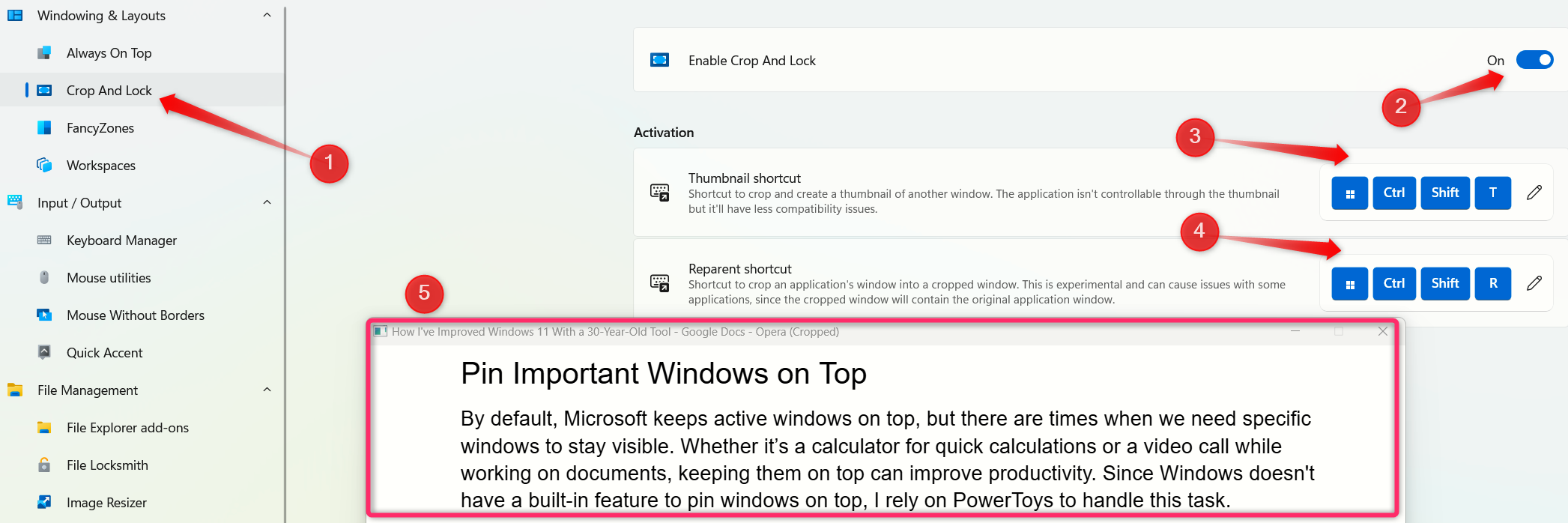 Enabling the Crop and Lock feature and using it to crop a Google Docs document window.