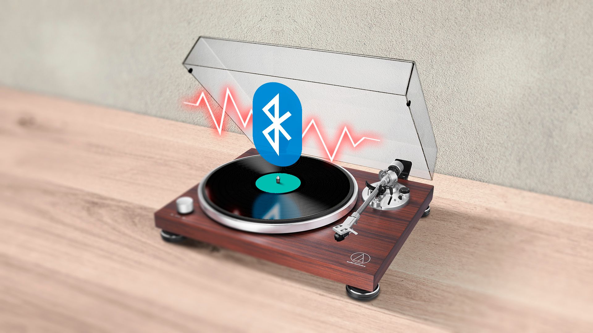 A Bluetooth turntable with a Bluetooth icon with noise.