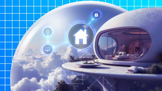 A futuristic house above the clouds with a smart home icon at the center.