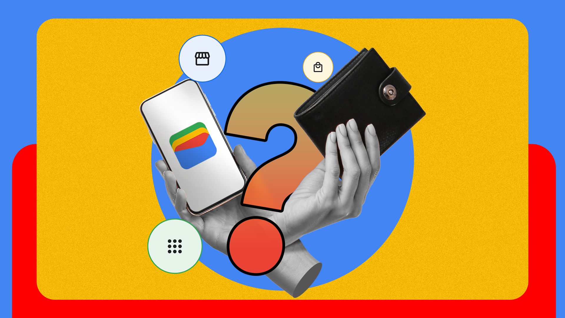 片方の手には Google ウォレットのロゴが付いた携帯電話があり、もう一方の手には中央に疑問符が付いている物理的な財布があります。