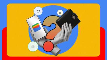 片方の手には Google ウォレットのロゴが付いた携帯電話があり、もう一方の手には中央に疑問符が付いている物理的な財布があります。