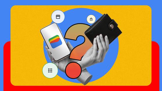 A hand holding a phone with the Google Wallet logo and another hand holding a physical wallet, with a question mark in the center.