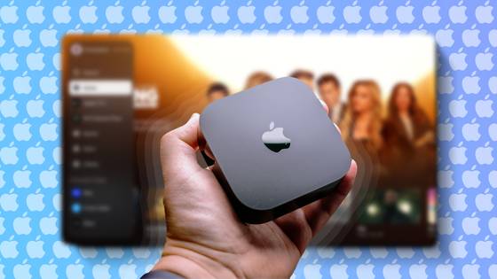 A hand holding an Apple TV with a blurred screenshot and several Apple logos in the background.