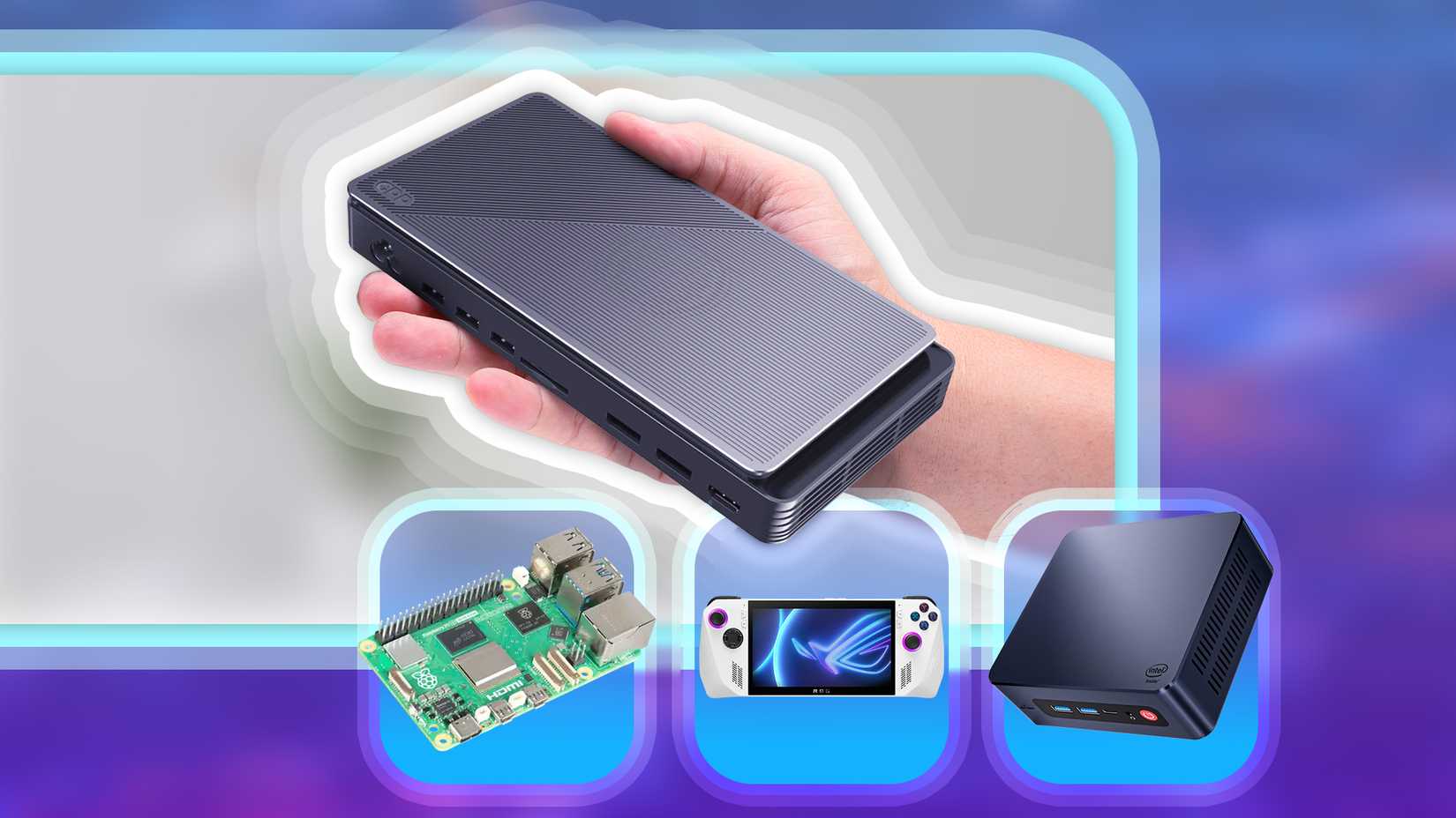 A hand holding an eGPU with a Raspberry Pi, an Asus Rog ally and a mini PC underneath.