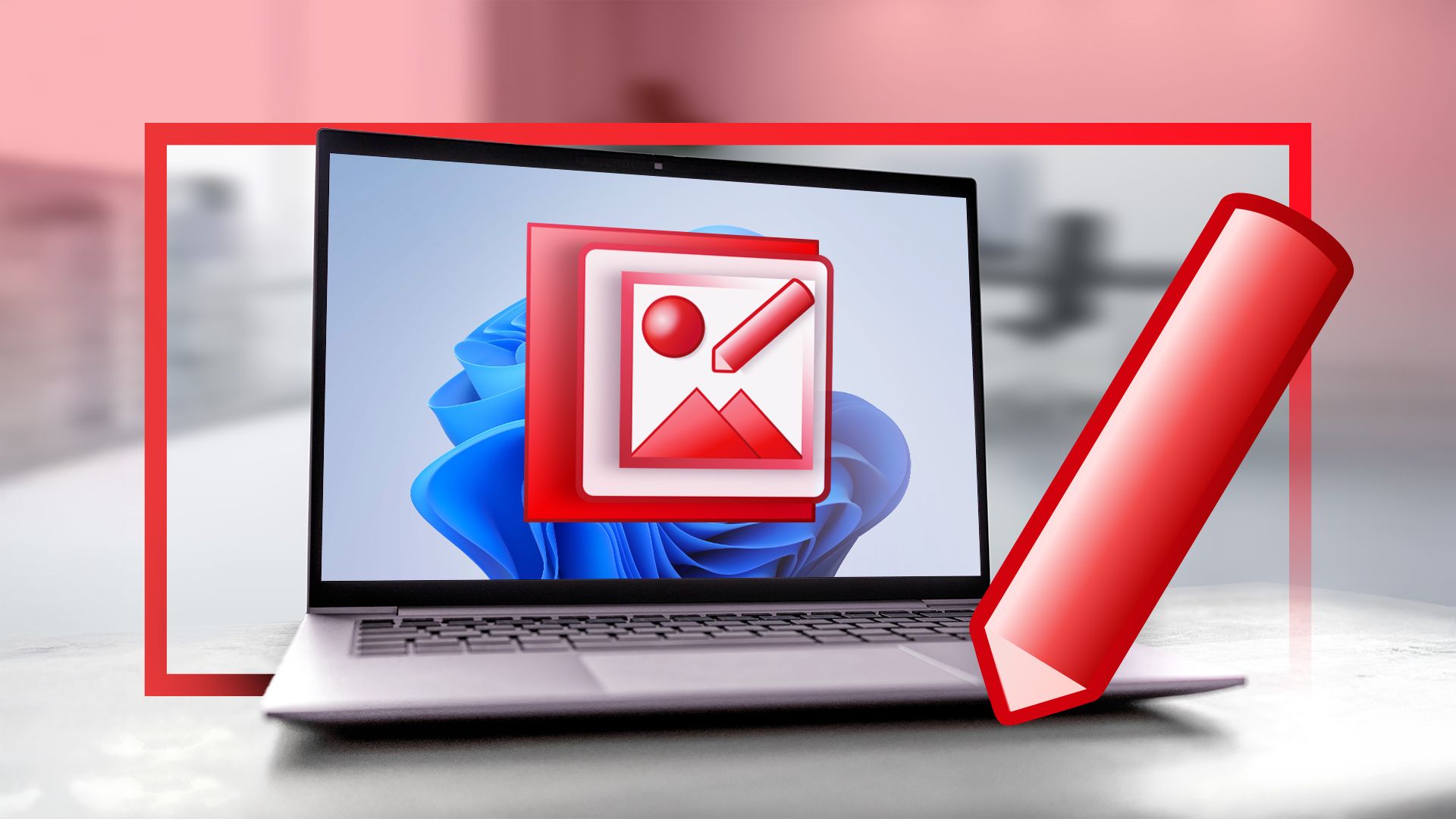 A laptop with the Windows 11 wallpaper and the Picture Manager logo on the screen.