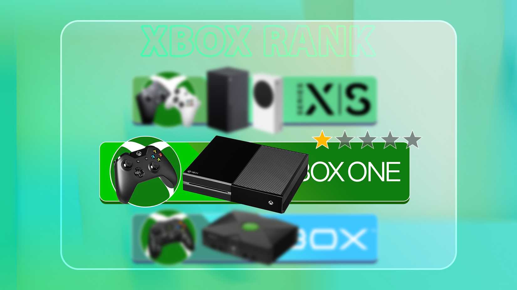 A leaderboard with the Xbox One in the center, and the Xbox Series and the Original Xbox blurred in the background.