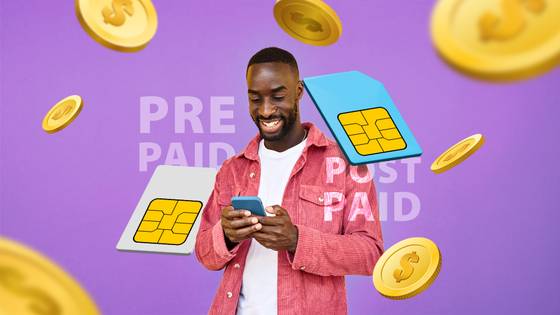 A man using his phone with a SIM card on the left labeled 'Prepaid' and another on the right labeled 'Postpaid,' surrounded by several coins.