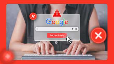 Une personne utilisant le clavier de l'ordinateur et au centre, un écran de recherche Google avec le bouton « Supprimer Google ».