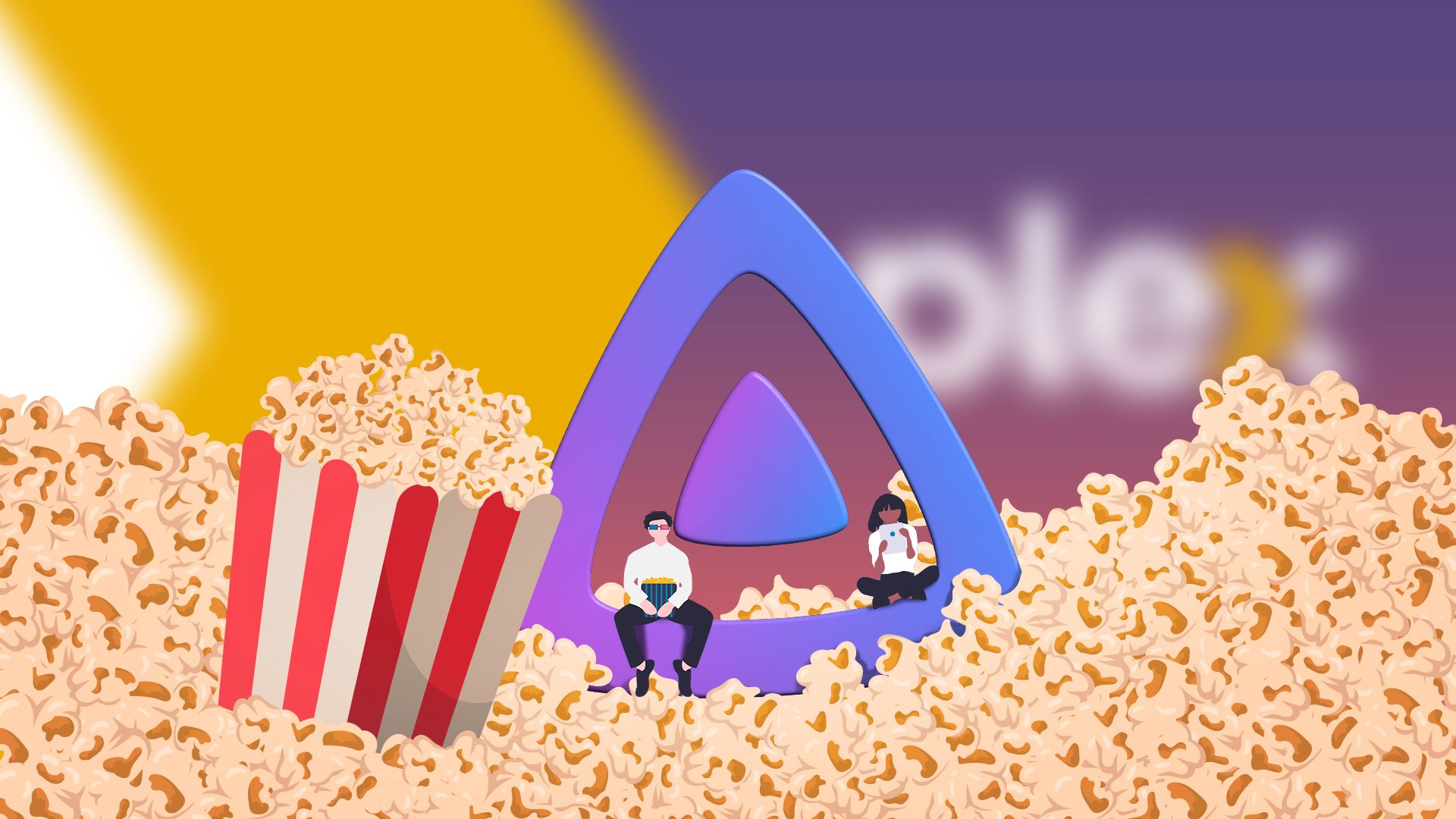 A popcorn bucket with several spilled popcorns, the Jellyfin logo at the center, and the Plex logo blurred in the background.