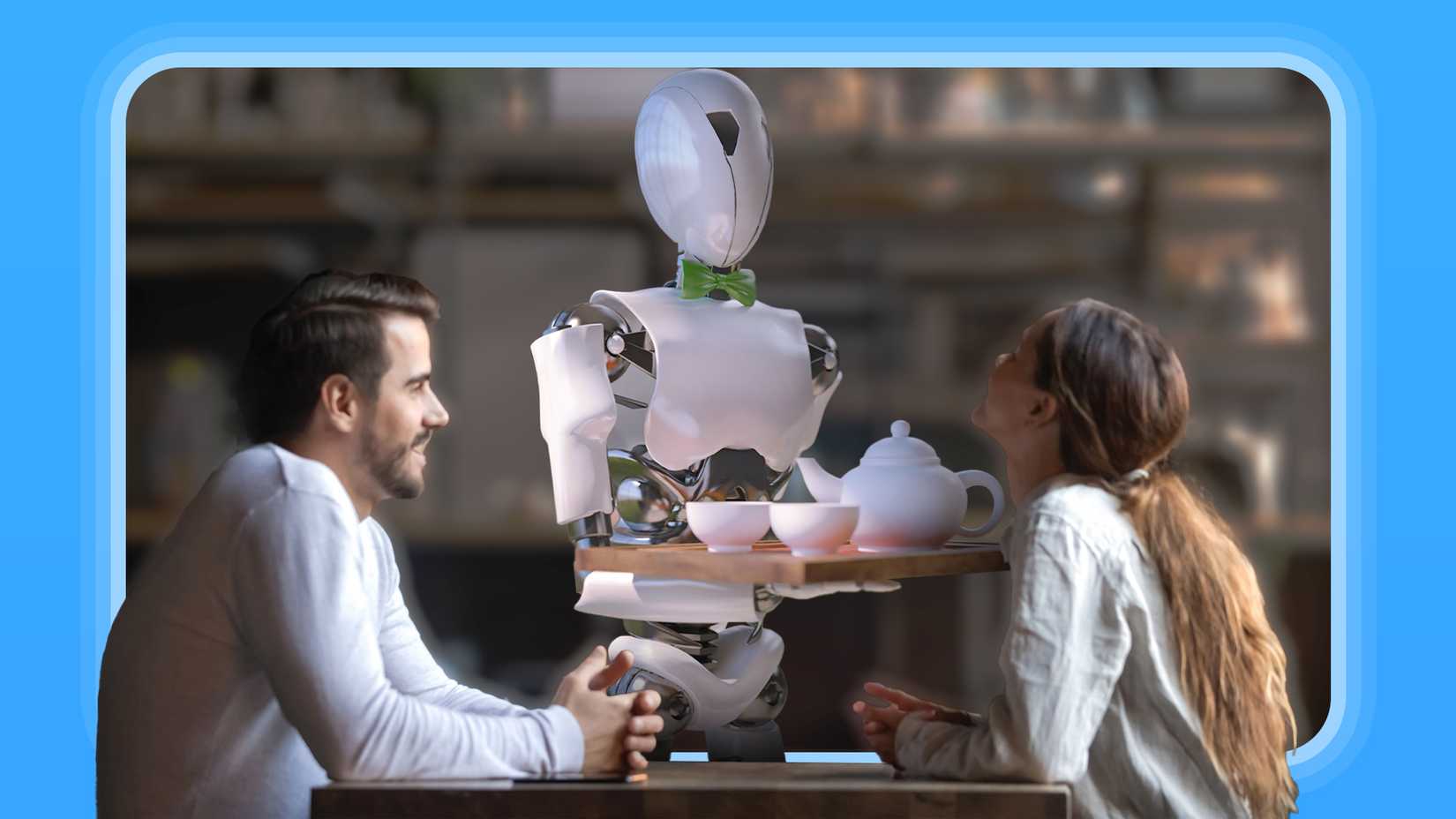 A robot serving two people at a restaurant table.