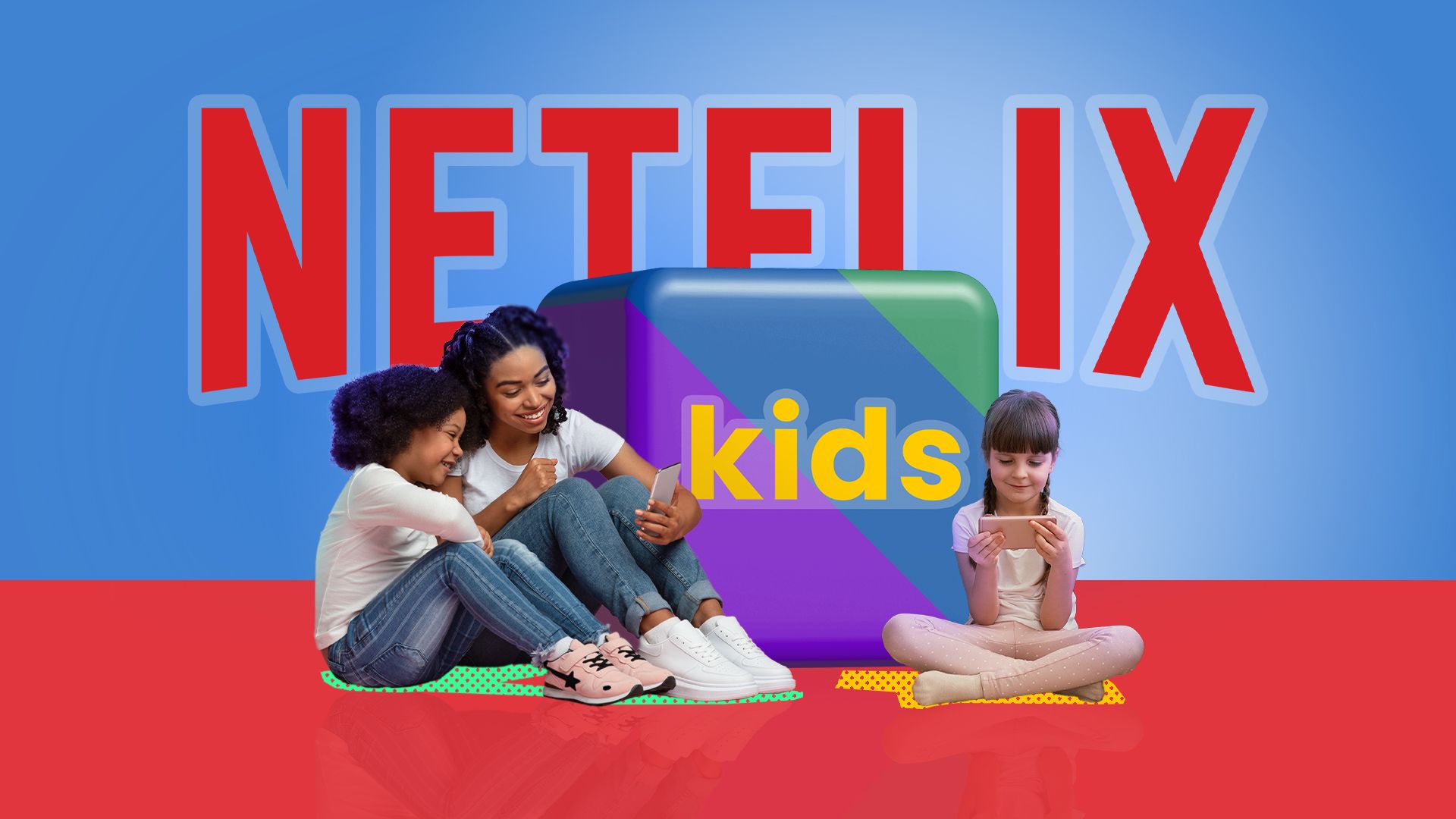 A woman watching Netflix with two kids, a 
