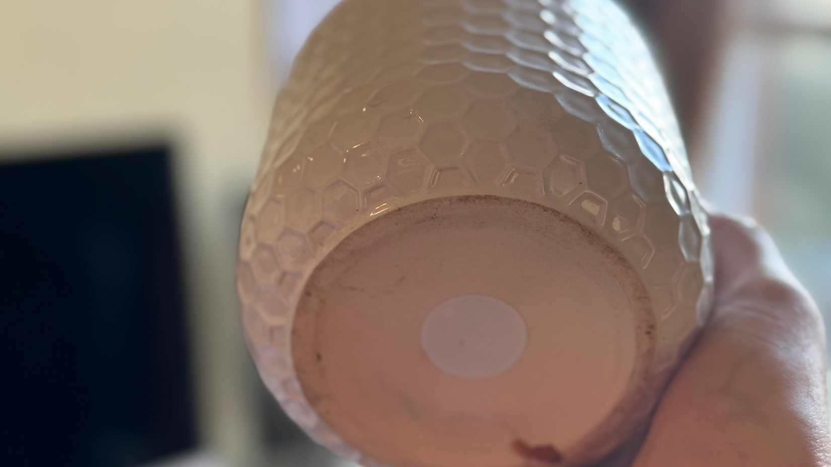 An NFC sticker on the bottom of a flower pot.