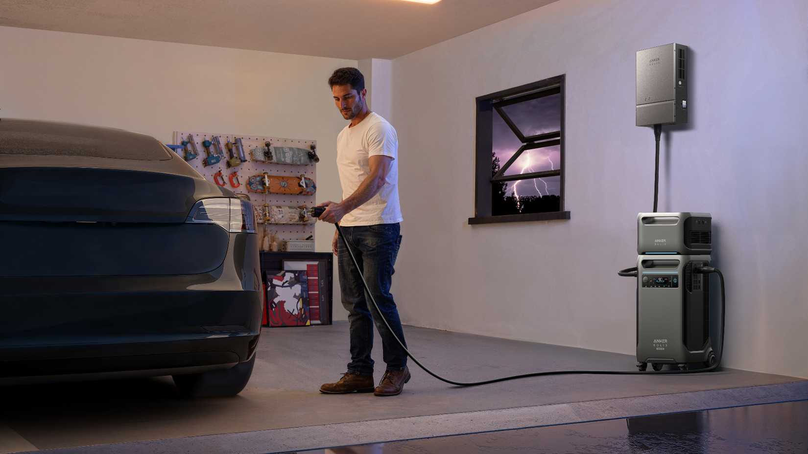 Anker SOLIX power station charging an EV.