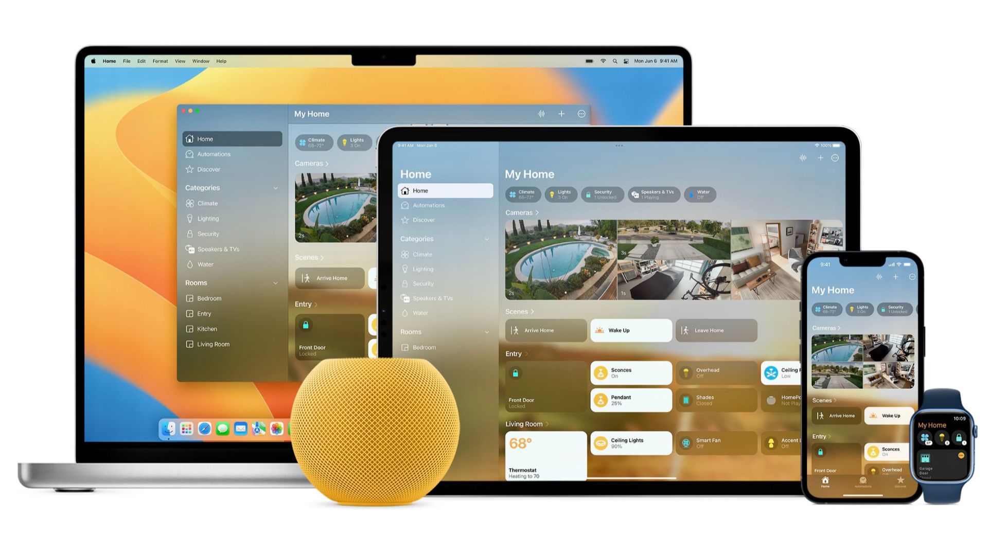 Vídeo seguro do Apple HomeKit em um Mac, iPhone, iPad e Apple Watch.