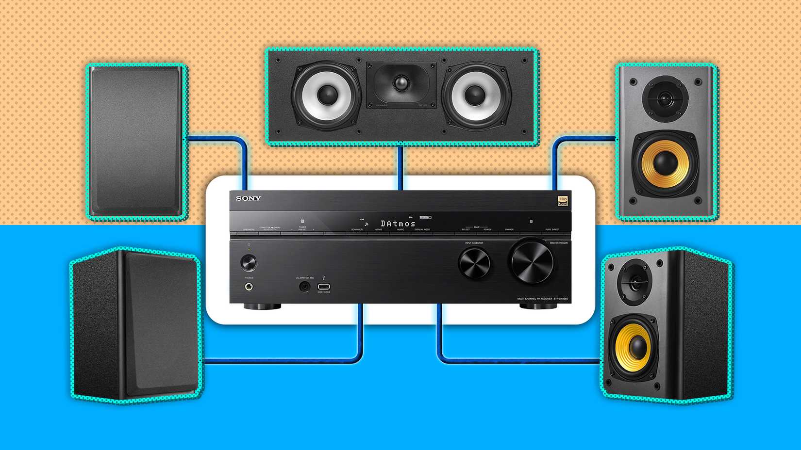 A graphic of an AV receiver with speakers connected to it.