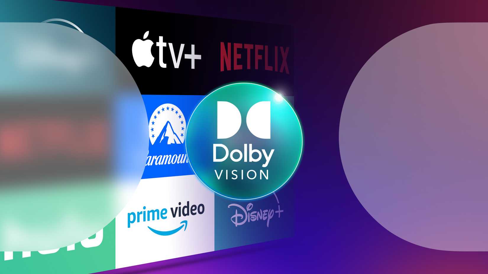 Dolby Vision logo and the logos of some streaming services in the background.