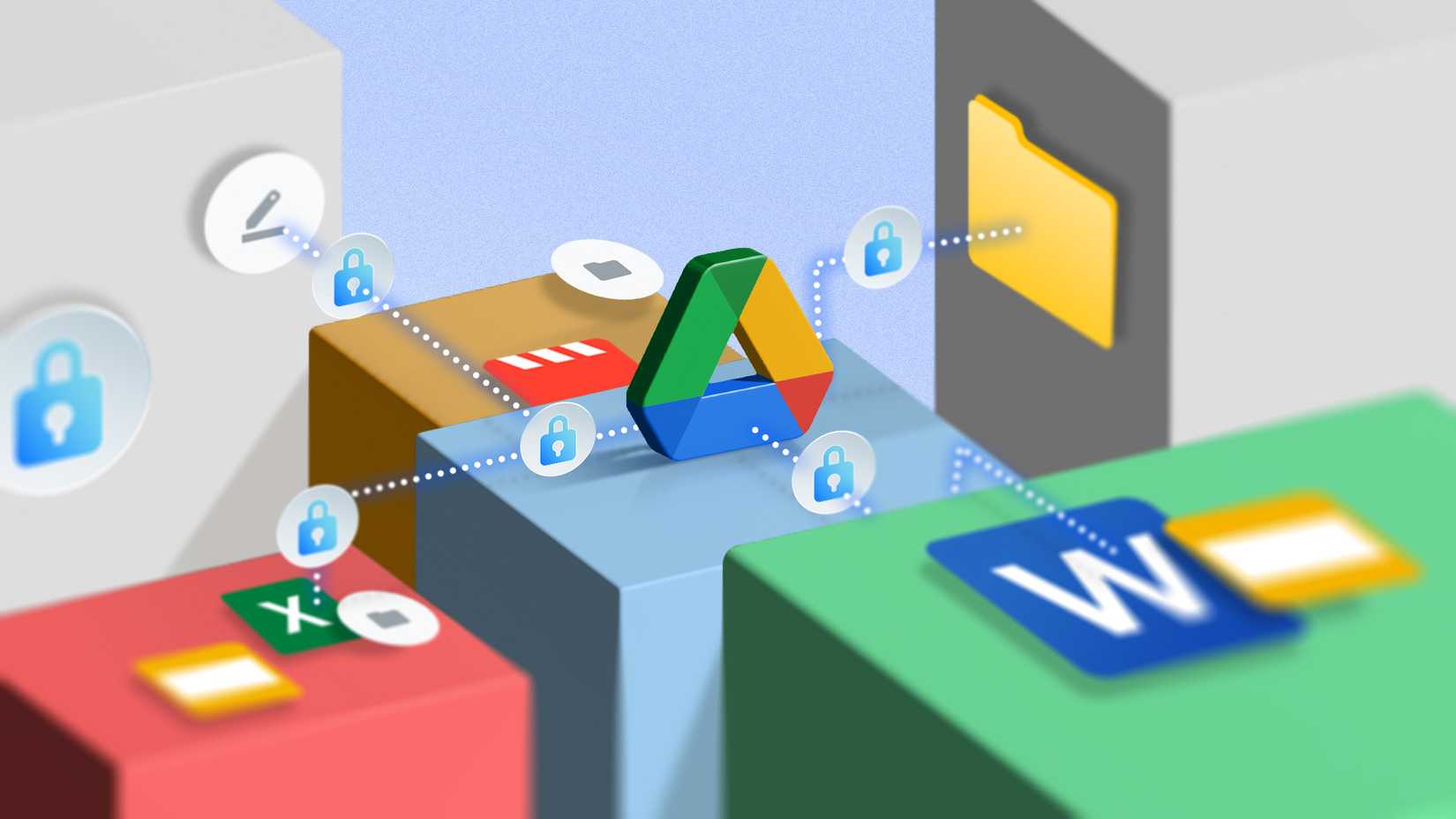 Google Drive logo with some Google files next to it and several padlocks.