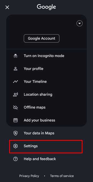 Google Maps profile menu.