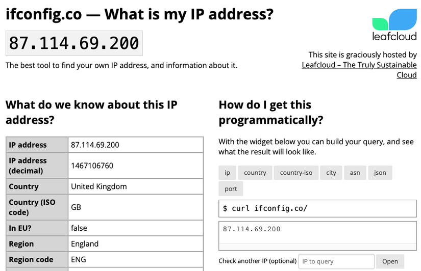 ifconfig.co в браузере: публичный IP, страна и регион.