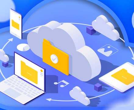 Illustration of a cloud surrounded by a laptop, smartphone, tablet, and some files.