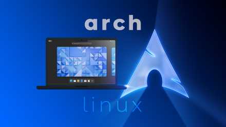 Illustration of a laptop running Arch Linux with the Arch Linux logo beside it.